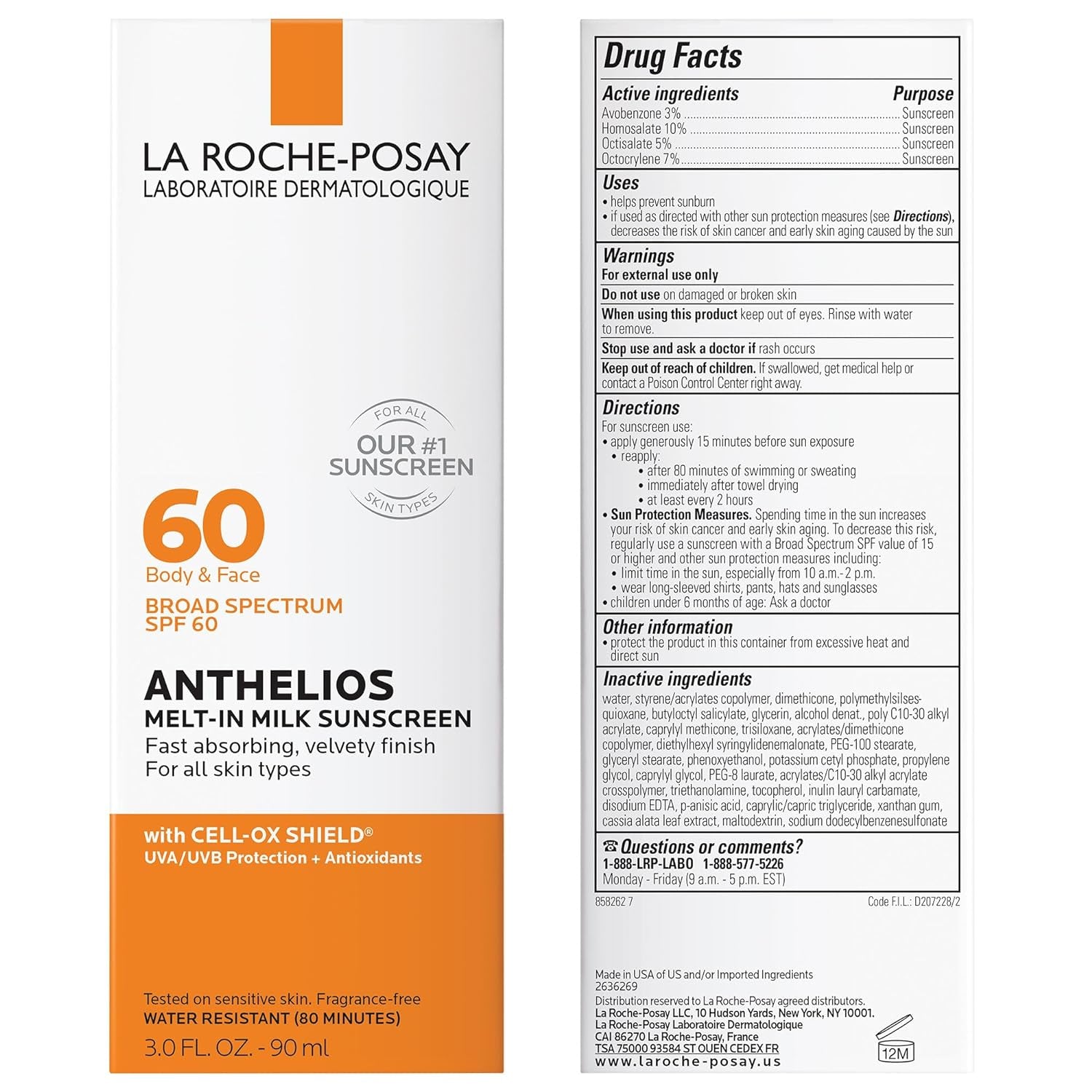 Anthelios Melt-In Milk Sunscreen SPF 60, Sunscreen for Body & Face, Broad Spectrum SPF + Antioxidants, Oil Free, Lightweight & Fast Absorbing, Oxybenzone Free