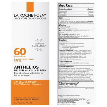 Anthelios Melt-In Milk Sunscreen SPF 60, Sunscreen for Body & Face, Broad Spectrum SPF + Antioxidants, Oil Free, Lightweight & Fast Absorbing, Oxybenzone Free