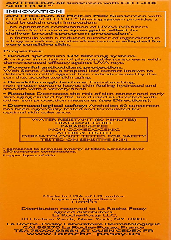 Anthelios Melt-In Milk Sunscreen SPF 60, Sunscreen for Body & Face, Broad Spectrum SPF + Antioxidants, Oil Free, Lightweight & Fast Absorbing, Oxybenzone Free