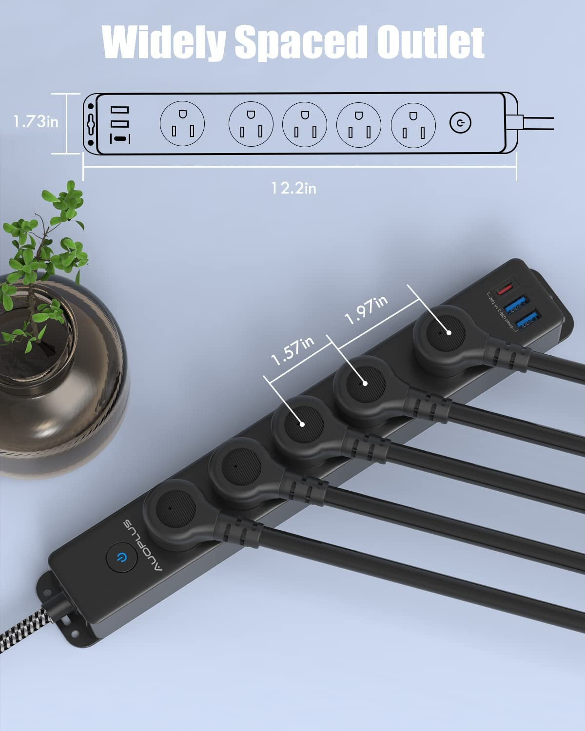 Surge Protector Power Strip with USB C Ports, 5FT Braided Extension Cord, 5 Outlets and 3 USB Ports(1 USB C),  Mountable Power Strips Flat Plug with Overload Protection