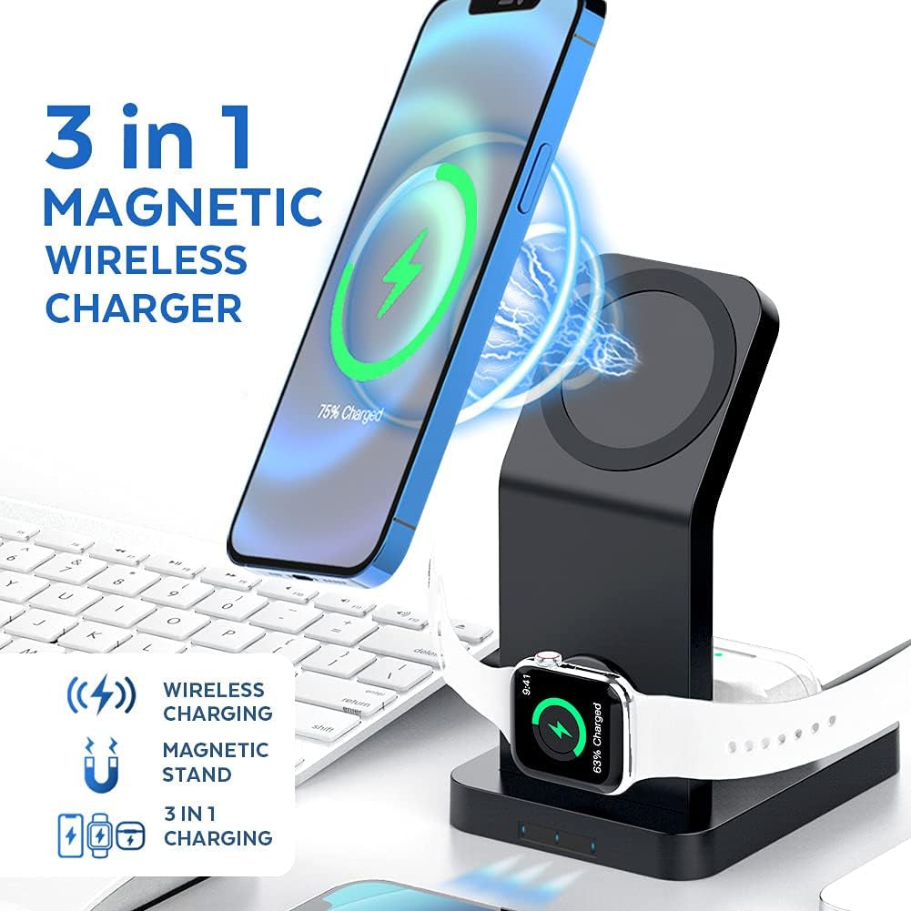 Magnetic Wireless Charger Stand，3 in 1 Fast Charging Station for Multiple Devices， for Apple Iphone 12 Pro Max/ Mini/12Pro/Airpods 2/Pro，Iwatch Series Compatible with Magsafe Case，With Qc3.0 Adapter