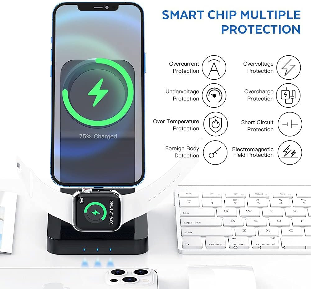 Magnetic Wireless Charger Stand，3 in 1 Fast Charging Station for Multiple Devices， for Apple Iphone 12 Pro Max/ Mini/12Pro/Airpods 2/Pro，Iwatch Series Compatible with Magsafe Case，With Qc3.0 Adapter