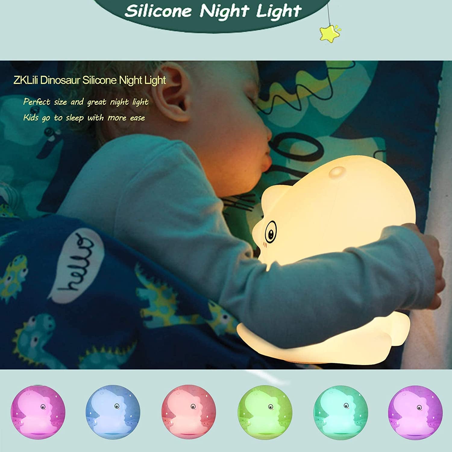 Night Light for Kids, Cute Silicone Dinosaur Night Light with Brightness, 7 Colors Kawaii Touch Lamp for Bedroom, Girls and Boys, Toddler, Nursery, Baby Gifts, Rechargeable