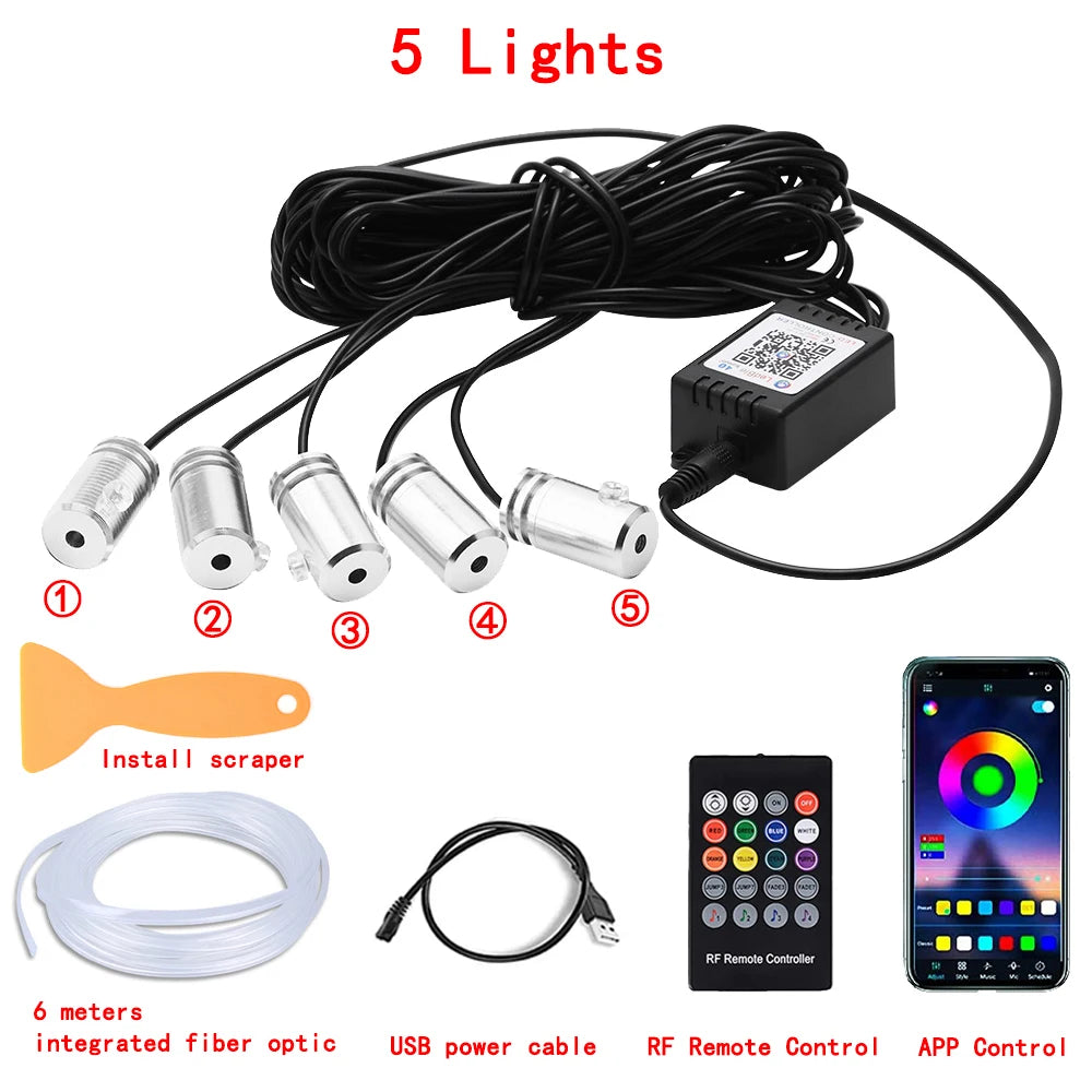 LED Car Interior Ambient Strip Lights RGB Fiber Optic Atmosphere Neon Lighting Kit W/ APP Remote Control Auto Decorative Lamps