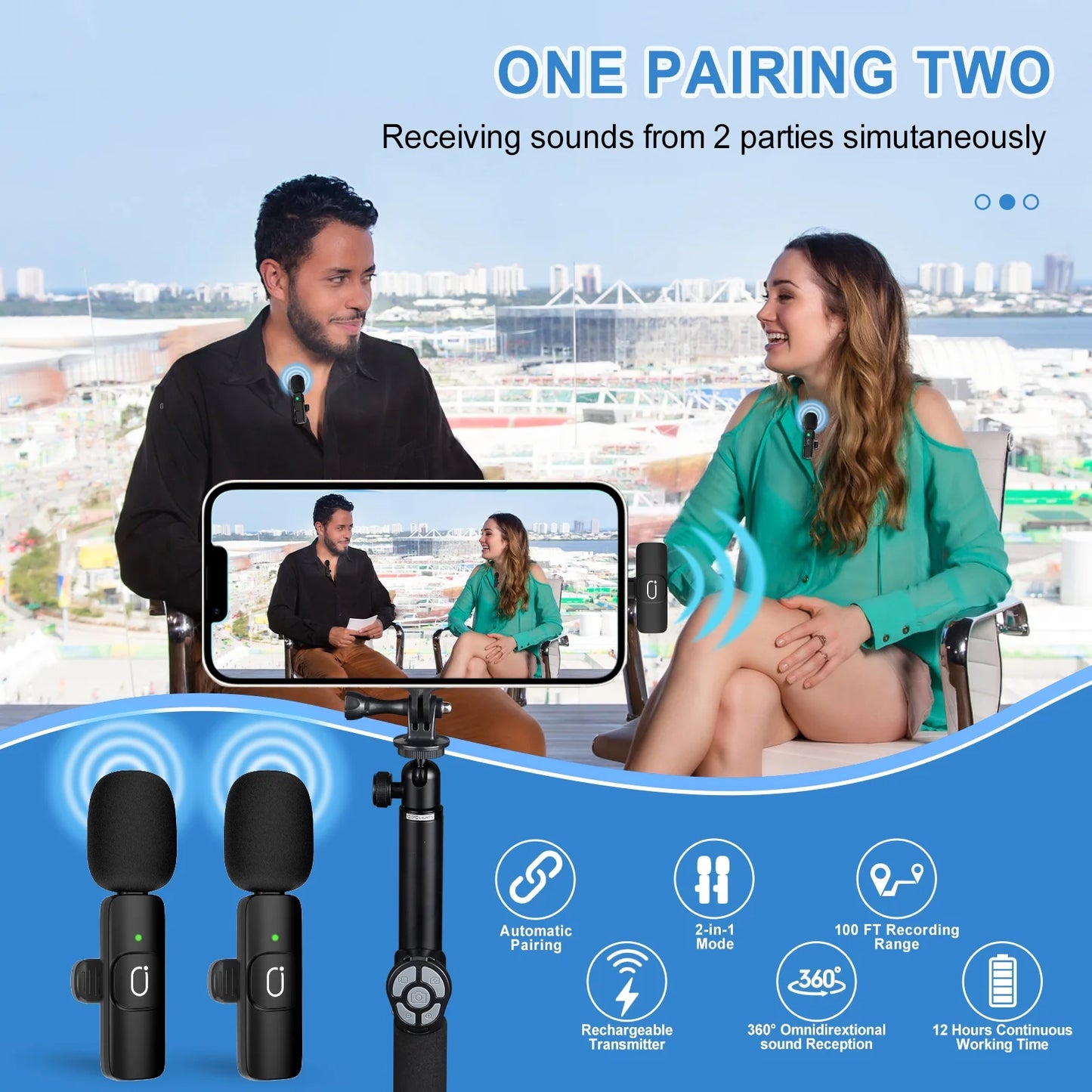 Dual Wireless Lavalier Microphone for Iphone Clip-On Mini Lapel Mics with Clip for Vlog, Youtube, Online Class