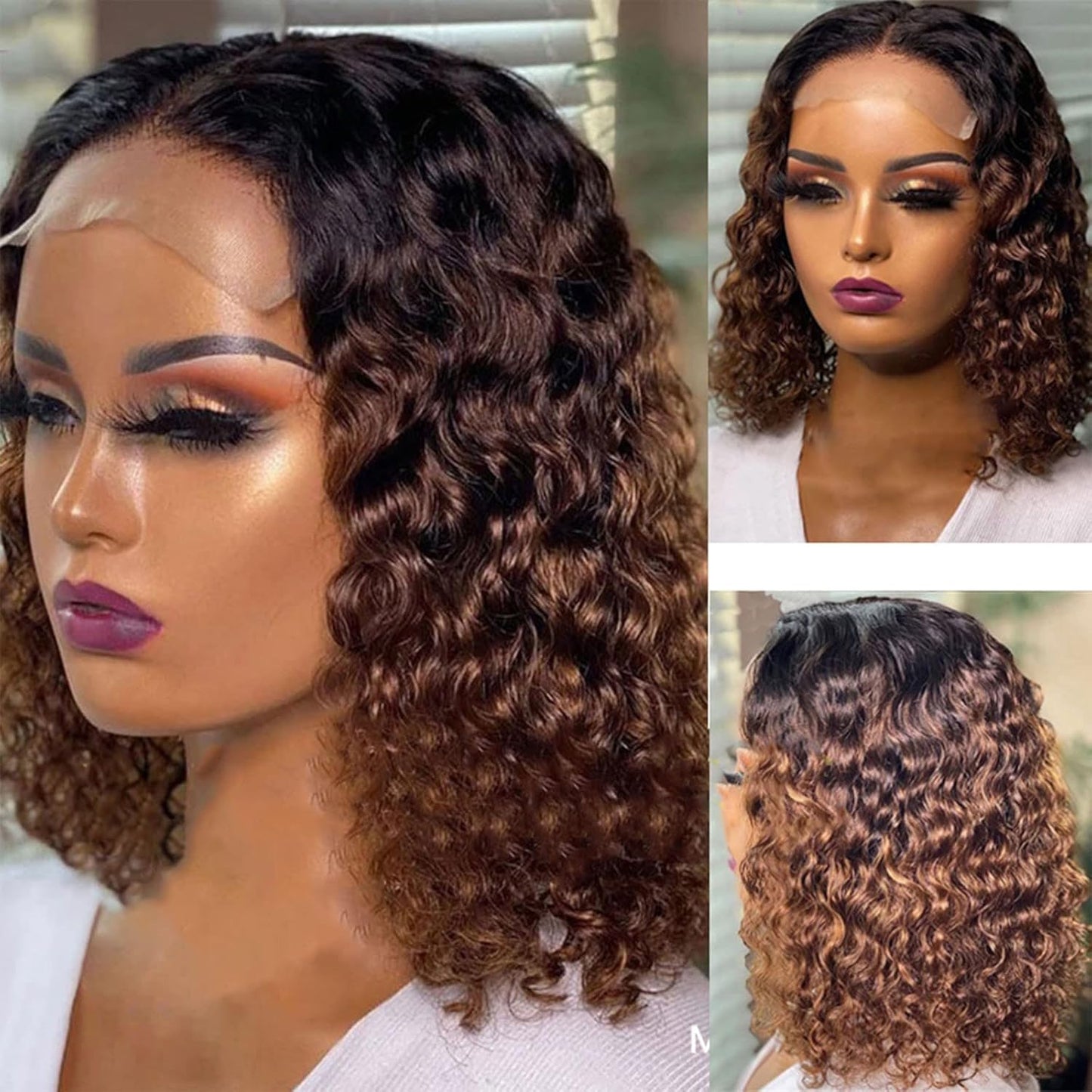 Women'S Deep Curly Lace Front Wigs Blonde Human Hair Wigs Women'S Short Curly Hair Mixed with Golden Small Curly Hair Black Brown (BK2)